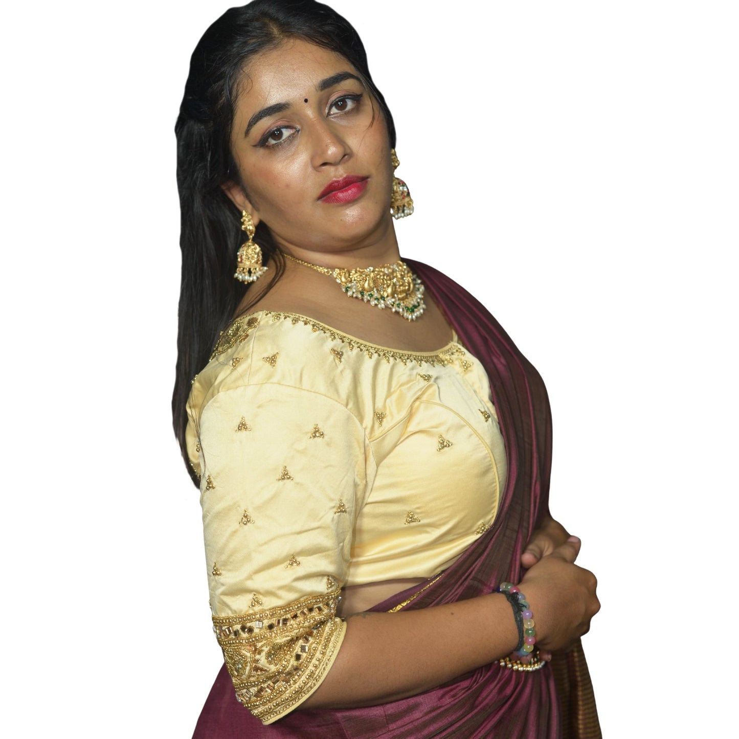 Designer Ivory Blouse with Floral and Moti Sleeves and Aari Embroidered Back