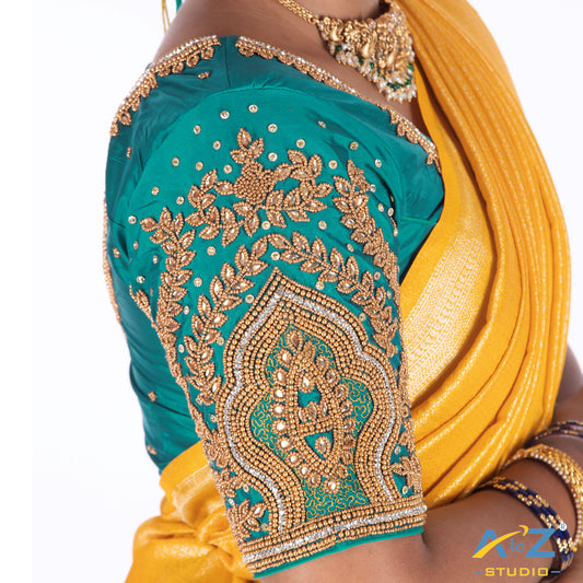 Sapphire Blue Silk Cloth Blouse with Small leaf and chain work Design