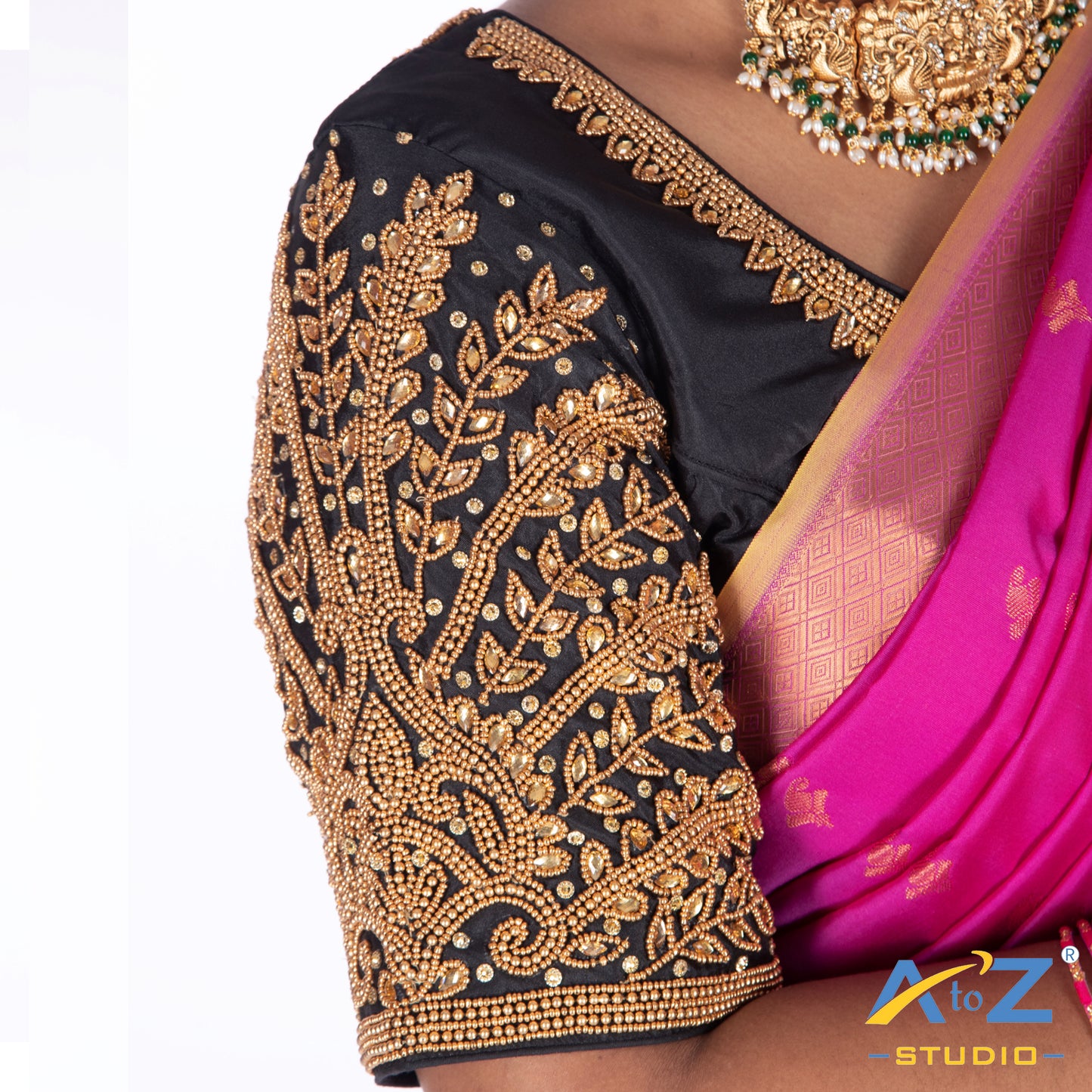 Black Silk Cloth Blouse with Small leaf (like flower pot) and chain work Design