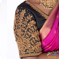 Black Silk Cloth Blouse with Small leaf (like flower pot) and chain work Design