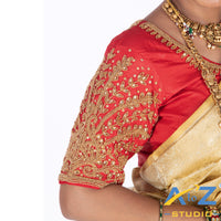 Light Red Tissue / Gold Work Blouse with Small leaf (like flower pot) and chain work Design