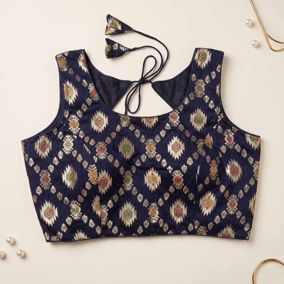 Navy Blue Floral Jacquard Brocade Saree Blouse