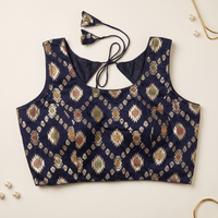 Navy Blue Floral Jacquard Brocade Saree Blouse