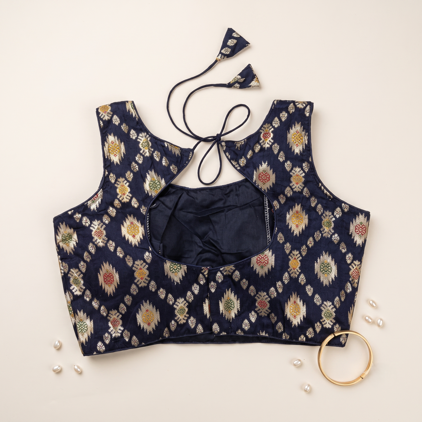 Navy Blue Floral Jacquard Brocade Saree Blouse
