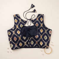 Navy Blue Floral Jacquard Brocade Saree Blouse