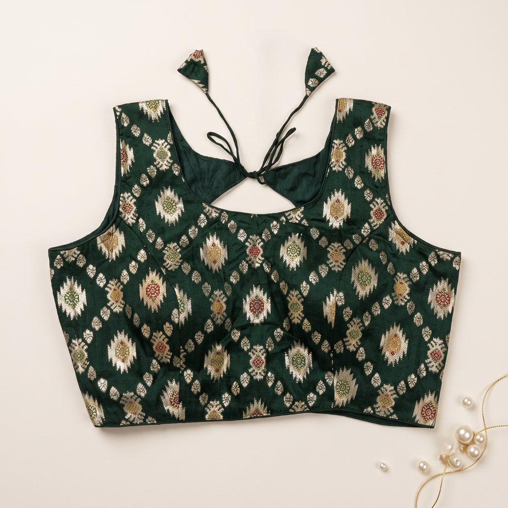 Dark Green Floral Jacquard Brocade Saree Blouse