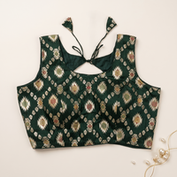 Dark Green Floral Jacquard Brocade Saree Blouse