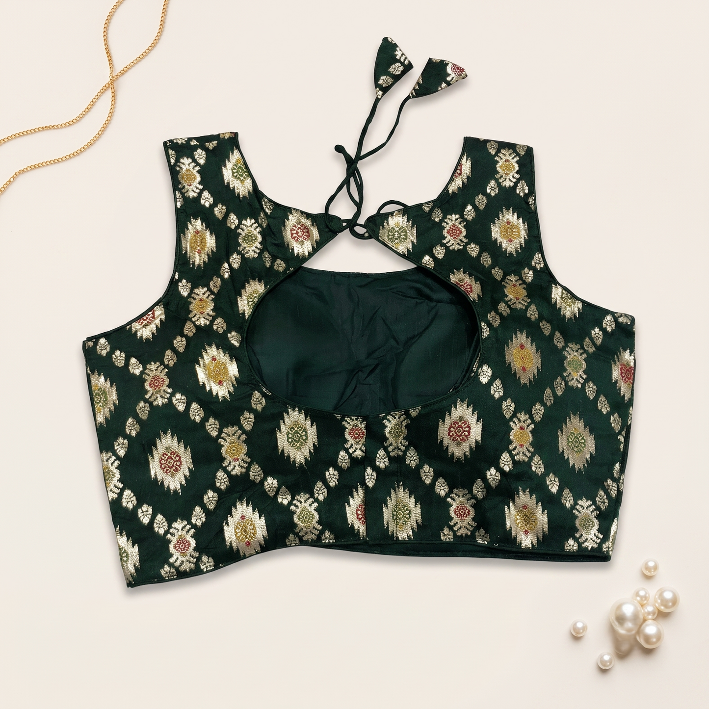 Dark Green Floral Jacquard Brocade Saree Blouse
