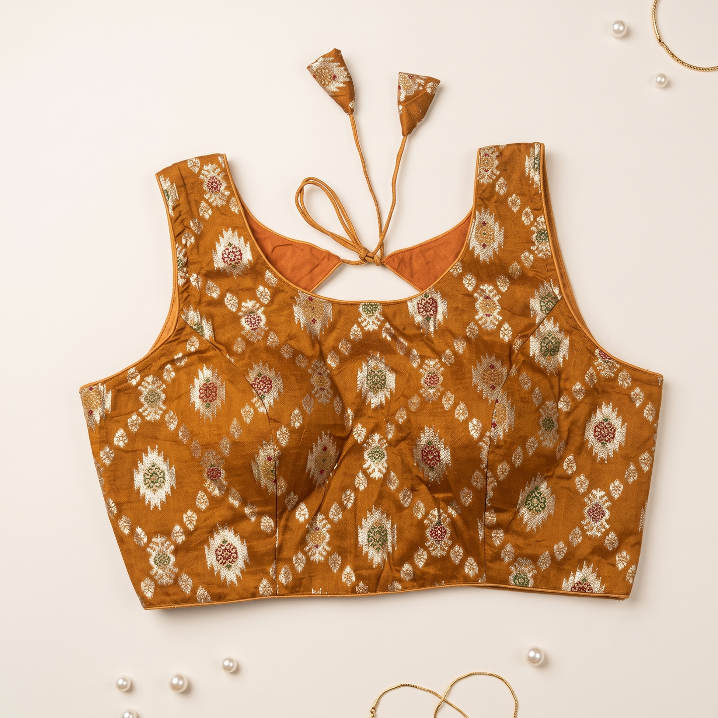 Mustard Floral Jacquard Brocade Saree Blouse