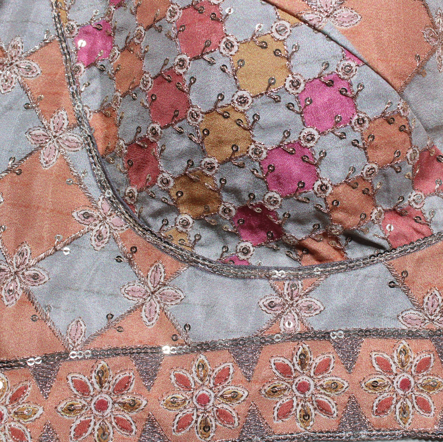 Grey and Peach Patchwork Zari Grid Blouse