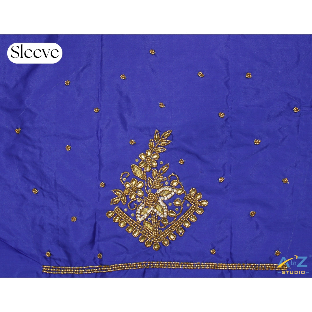 Royal Blue Silk Blouse Piece With Aari Work