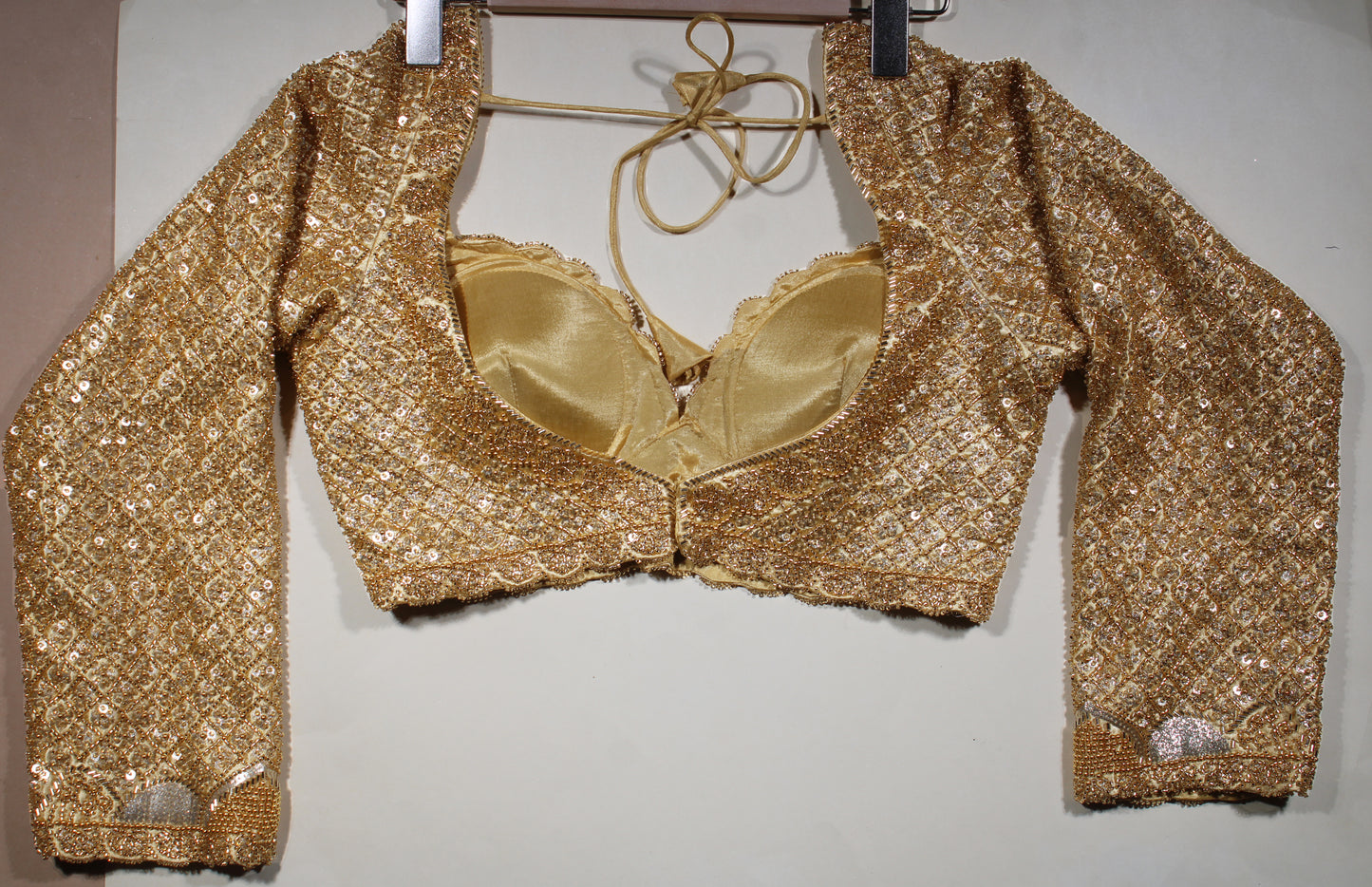 Gold Sheer Sleeve Blouse with Tone-on-Tone Floral Embroidery