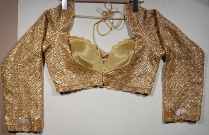 Gold Sheer Sleeve Blouse with Tone-on-Tone Floral Embroidery