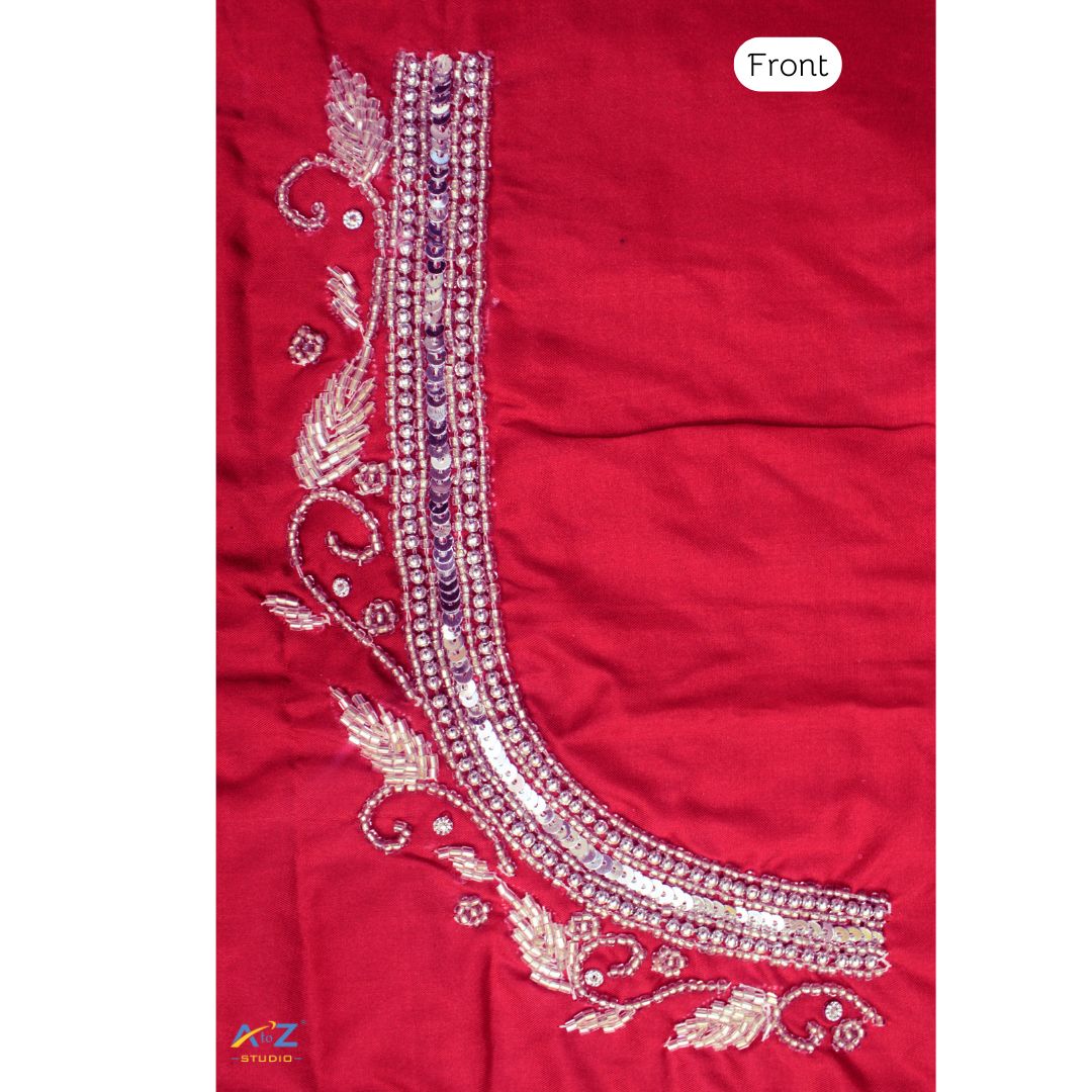 Dark Red Silk Blouse Piece With Aari Work (Silver Work)