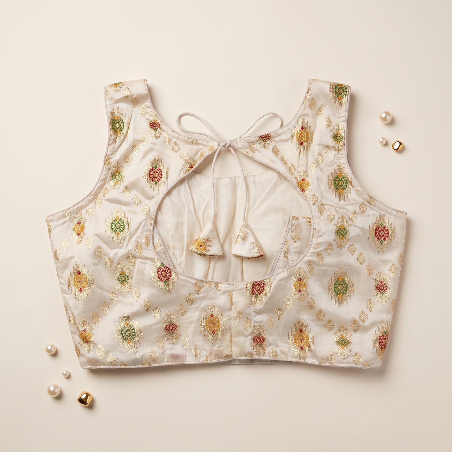 Cream Floral Jacquard Brocade Saree Blouse