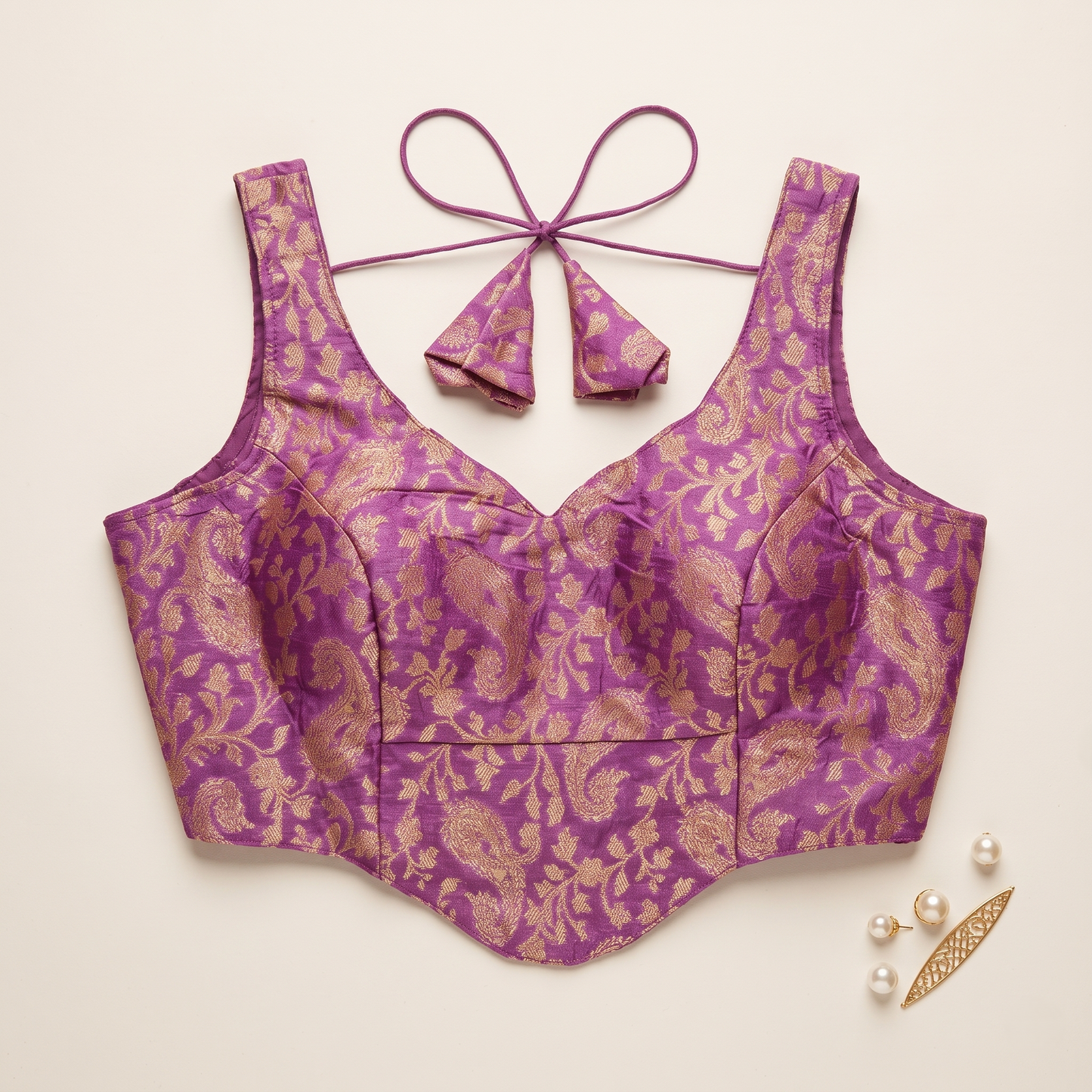 Plum Banarasi Brocade Sleeveless Corset Blouse