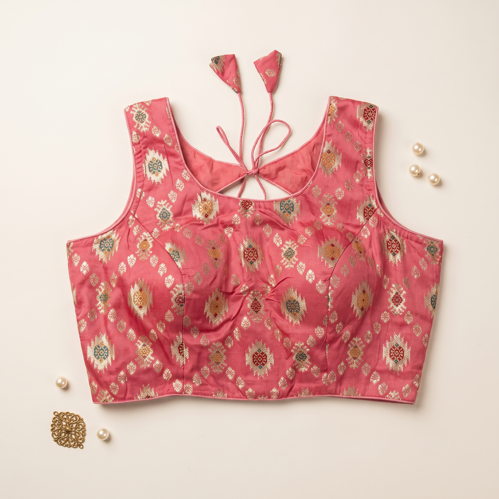 Peach Floral Jacquard Brocade Saree Blouse