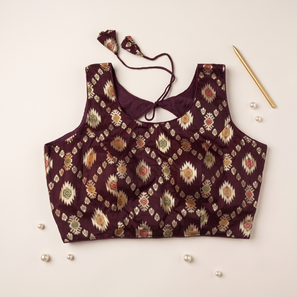 Purple Floral Jacquard Brocade Saree Blouse