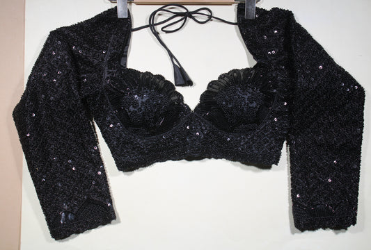 Black Pastel Embroidered Blouse with Premium Glass Bead Detailing