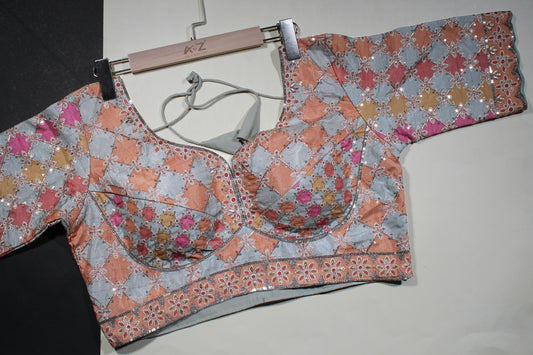 Grey and Peach Patchwork Zari Grid Blouse
