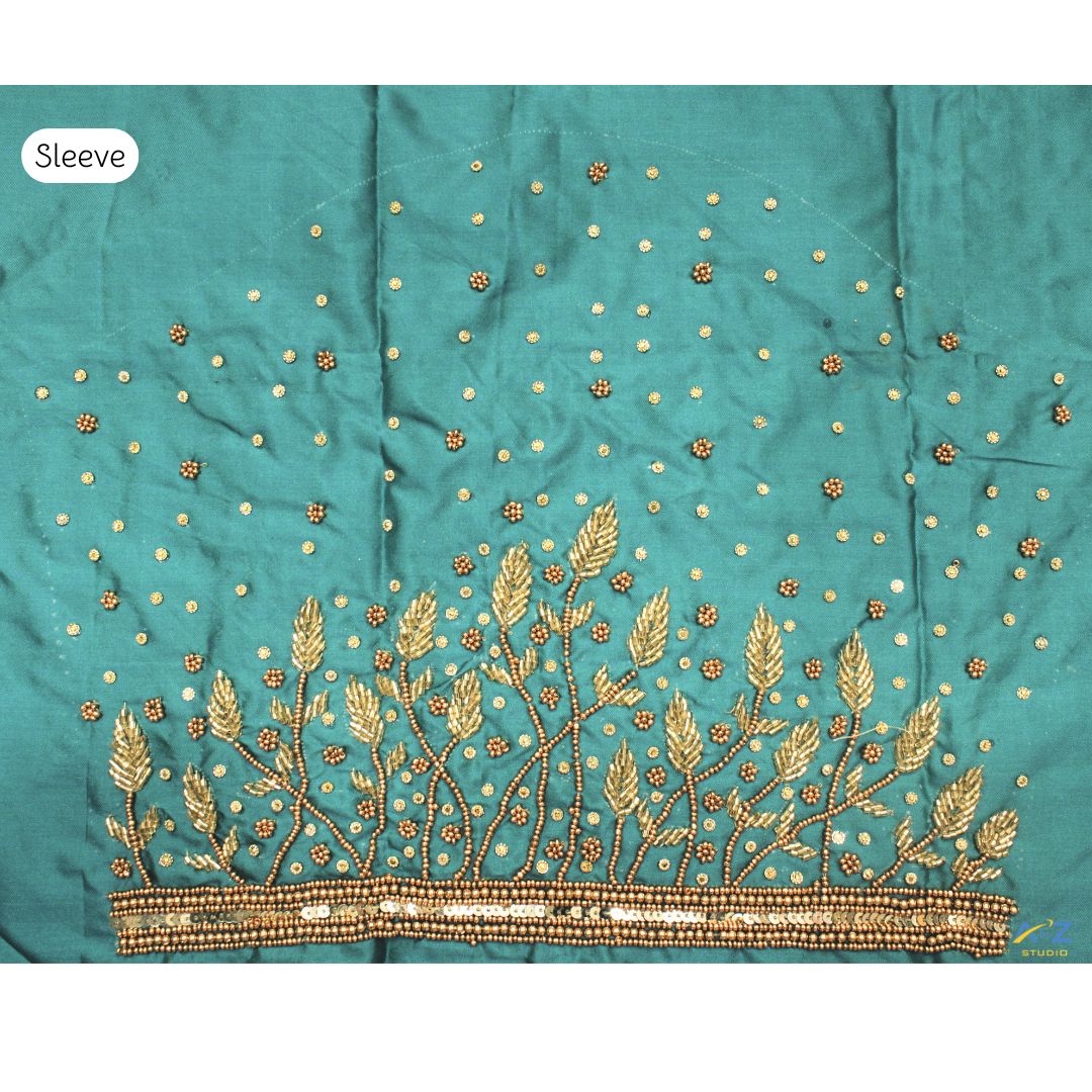 Sea Green Silk Blouse Piece With Aari Work (Gold Work)