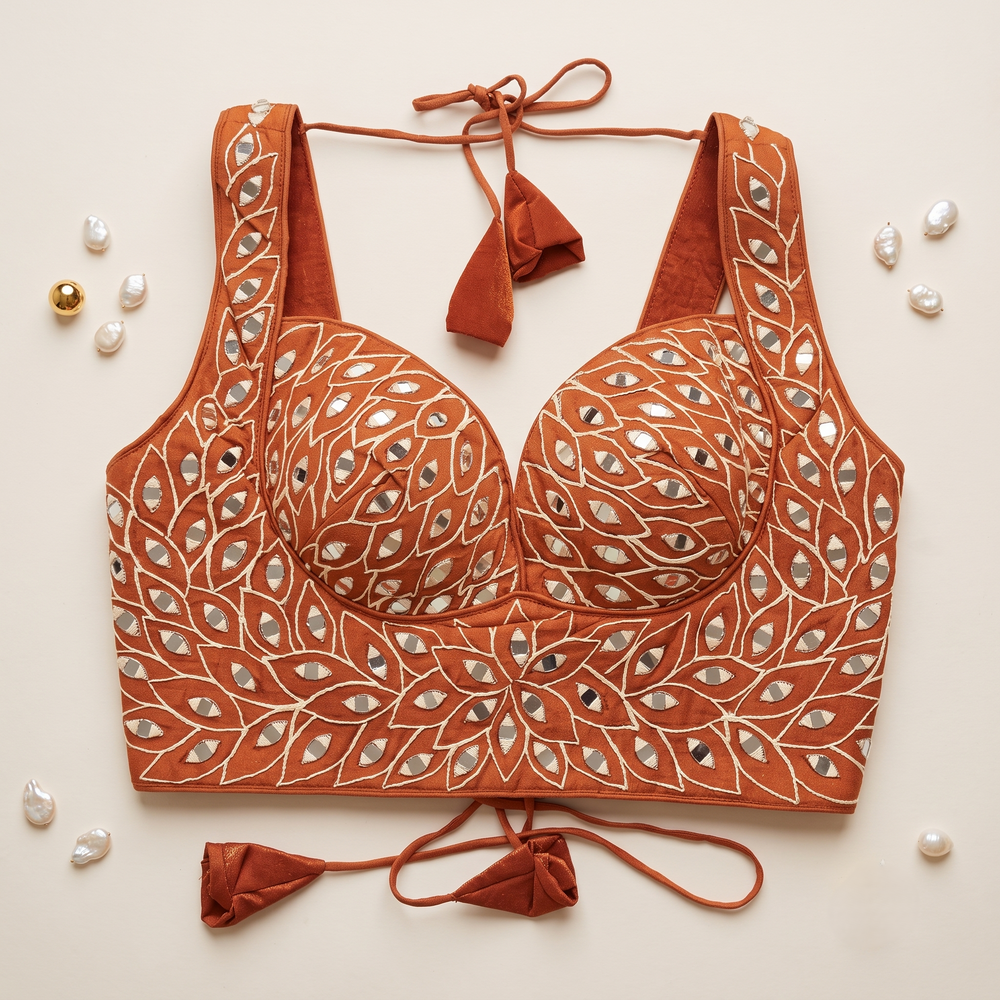 Rust Mirror Work Broad Strap Crop Top Blouse for Lehenga & Saree