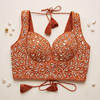 Rust Mirror Work Broad Strap Crop Top Blouse for Lehenga & Saree