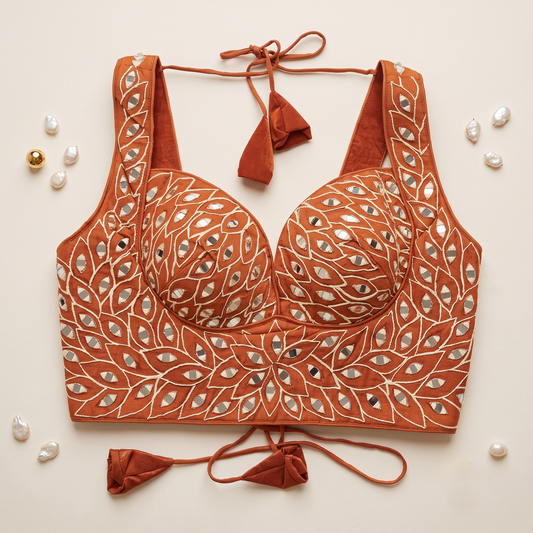 Rust Mirror Work Broad Strap Crop Top Blouse for Lehenga & Saree