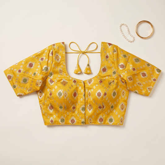 G Yellow Banaras Silk Brocade Blouse with Zari Geometric Butta