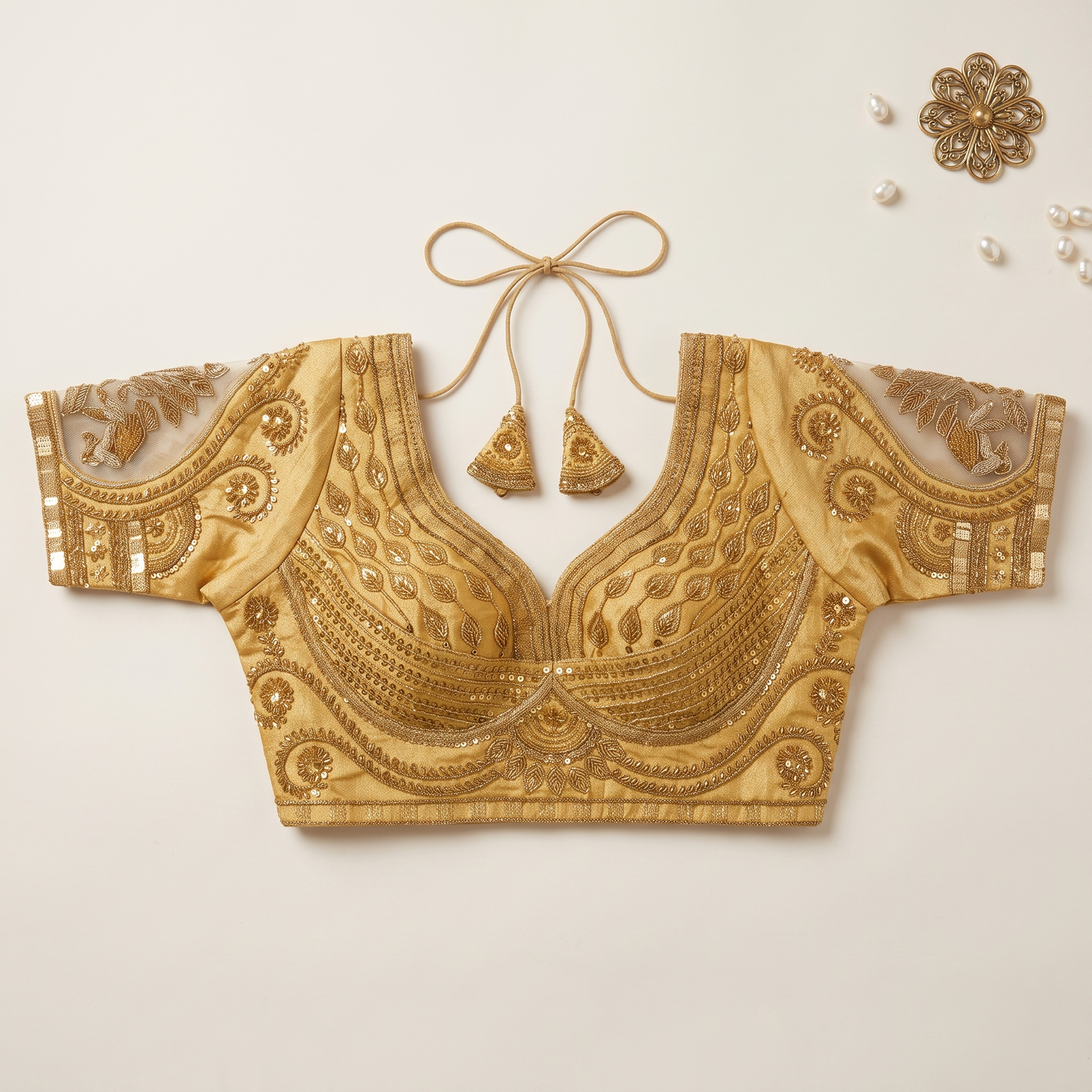 Antique Gold Hand-Embroidered Zari & Sequin Bridal Blouse with Sheer Net Sleeves
