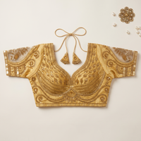 Antique Gold Hand-Embroidered Zari & Sequin Bridal Blouse with Sheer Net Sleeves