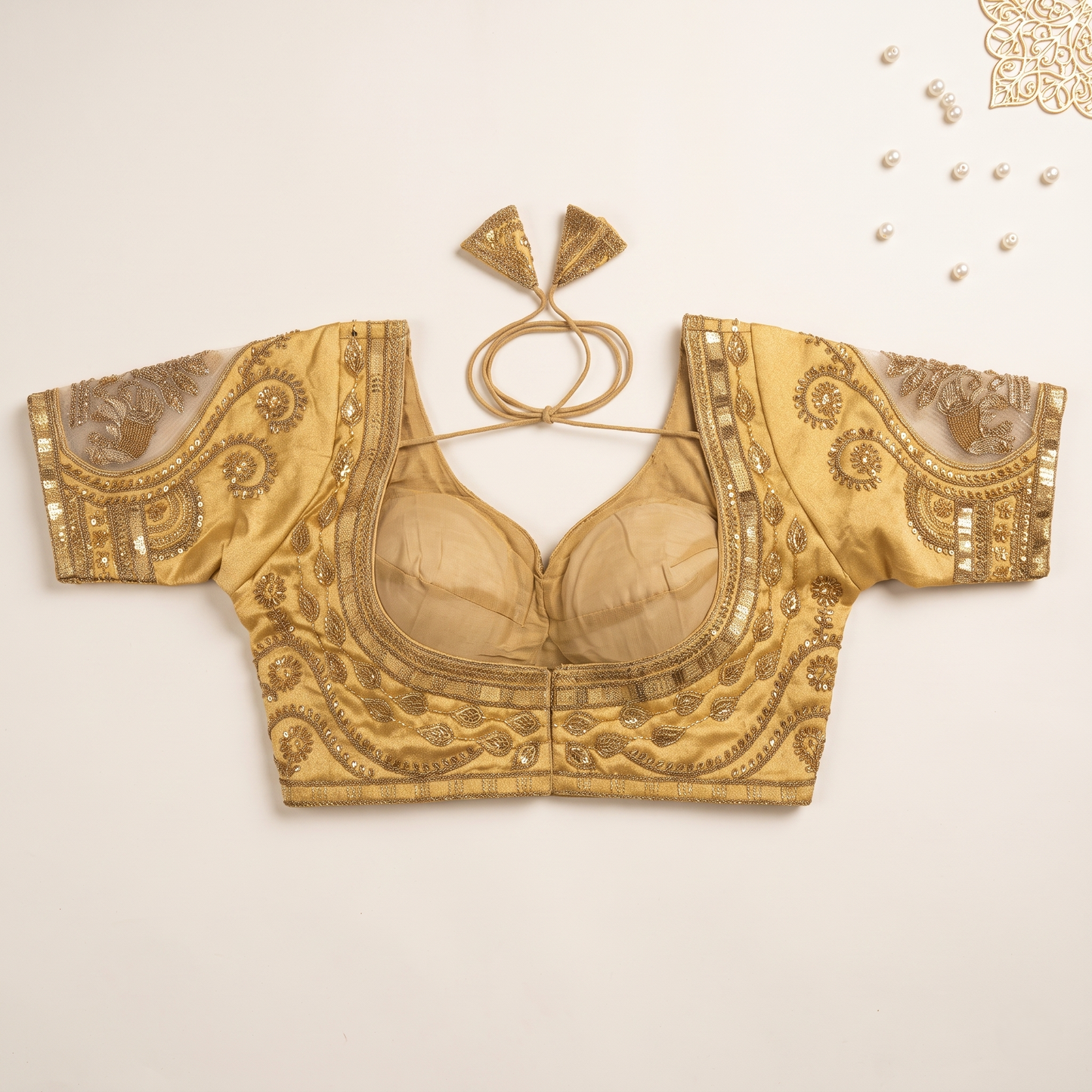 Antique Gold Hand-Embroidered Zari & Sequin Bridal Blouse with Sheer Net Sleeves