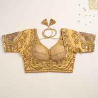 Antique Gold Hand-Embroidered Zari & Sequin Bridal Blouse with Sheer Net Sleeves