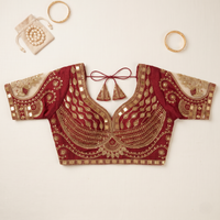 Maroon Hand-Embroidered Zari & Sequin Bridal Blouse with Sheer Net Sleeves