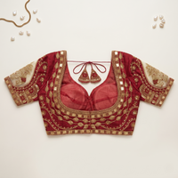 Maroon Hand-Embroidered Zari & Sequin Bridal Blouse with Sheer Net Sleeves