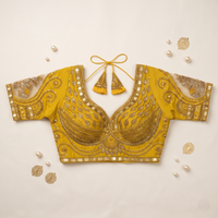 G Yellow Hand-Embroidered Zari & Sequin Bridal Blouse with Sheer Net Sleeves