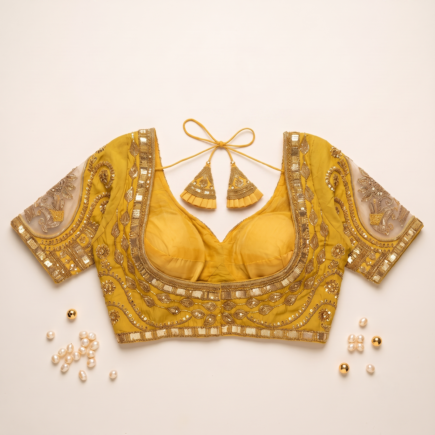 G Yellow Hand-Embroidered Zari & Sequin Bridal Blouse with Sheer Net Sleeves
