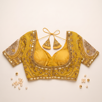 G Yellow Hand-Embroidered Zari & Sequin Bridal Blouse with Sheer Net Sleeves