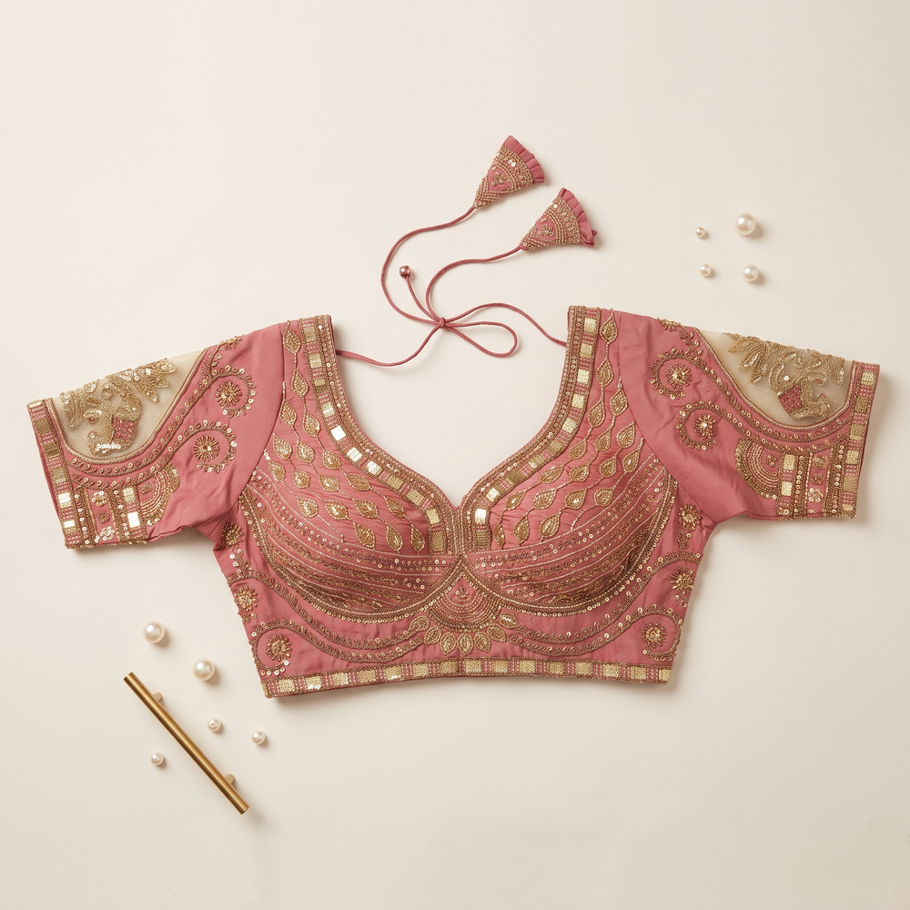 Onion Hand-Embroidered Zari & Sequin Bridal Blouse with Sheer Net Sleeves