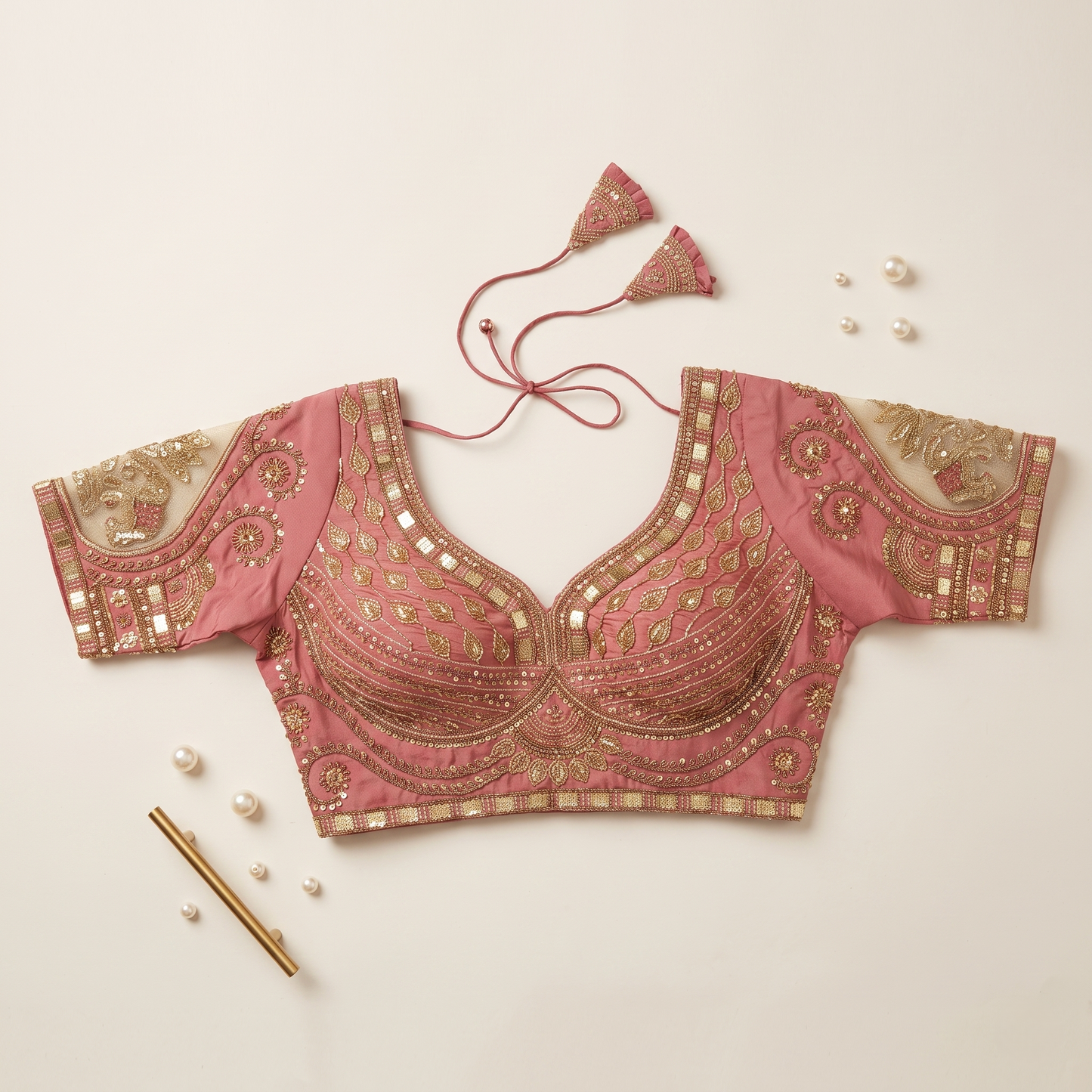 Onion Hand-Embroidered Zari & Sequin Bridal Blouse with Sheer Net Sleeves