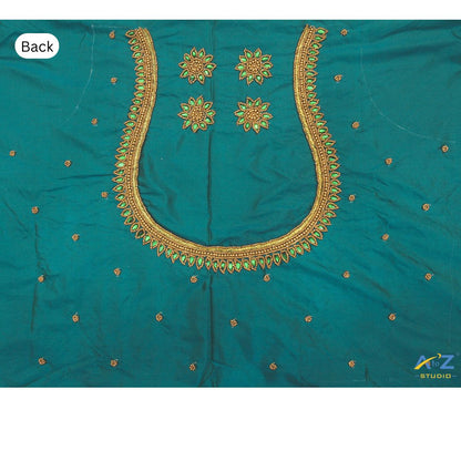 Teal Silk Blouse Piece With Aari Work