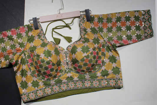 Green and Mustard Patchwork Embroidered Blouse