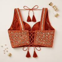 Rust Mirror Work Broad Strap Crop Top Blouse for Lehenga & Saree