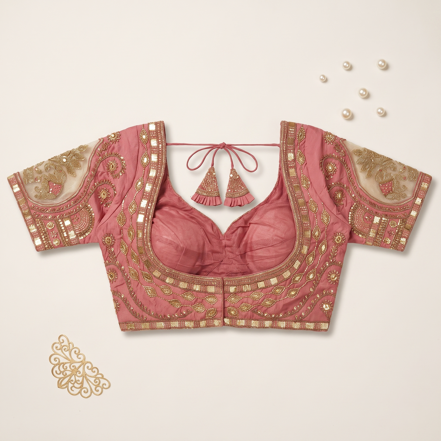 Onion Hand-Embroidered Zari & Sequin Bridal Blouse with Sheer Net Sleeves
