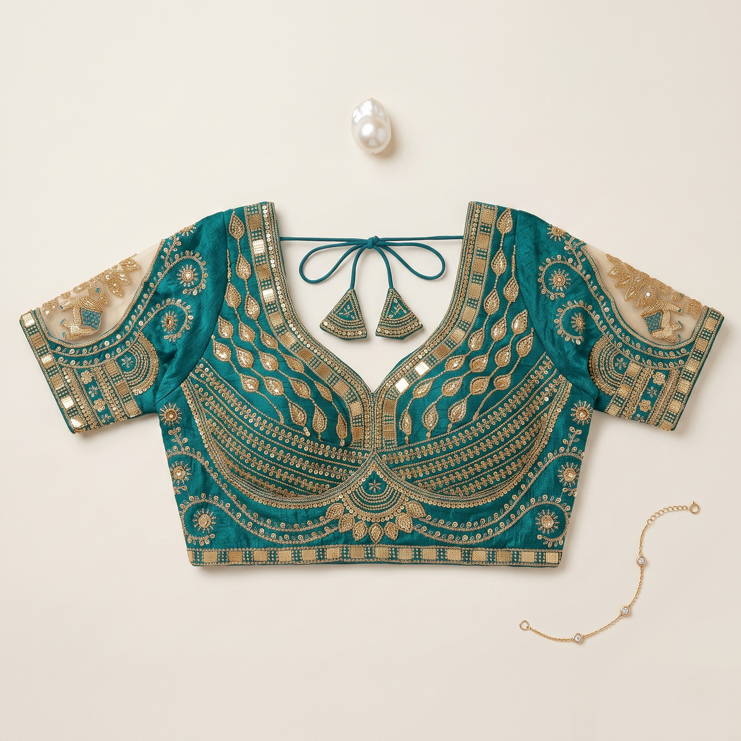 Rama Green Hand-Embroidered Zari & Sequin Bridal Blouse with Sheer Net Sleeves
