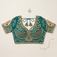 Rama Green Hand-Embroidered Zari & Sequin Bridal Blouse with Sheer Net Sleeves