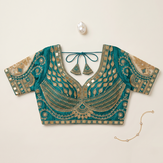 Rama Green Hand-Embroidered Zari & Sequin Bridal Blouse with Sheer Net Sleeves