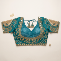 Rama Green Hand-Embroidered Zari & Sequin Bridal Blouse with Sheer Net Sleeves