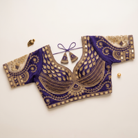 Purple Hand-Embroidered Zari & Sequin Bridal Blouse with Sheer Net Sleeves