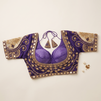 Purple Hand-Embroidered Zari & Sequin Bridal Blouse with Sheer Net Sleeves